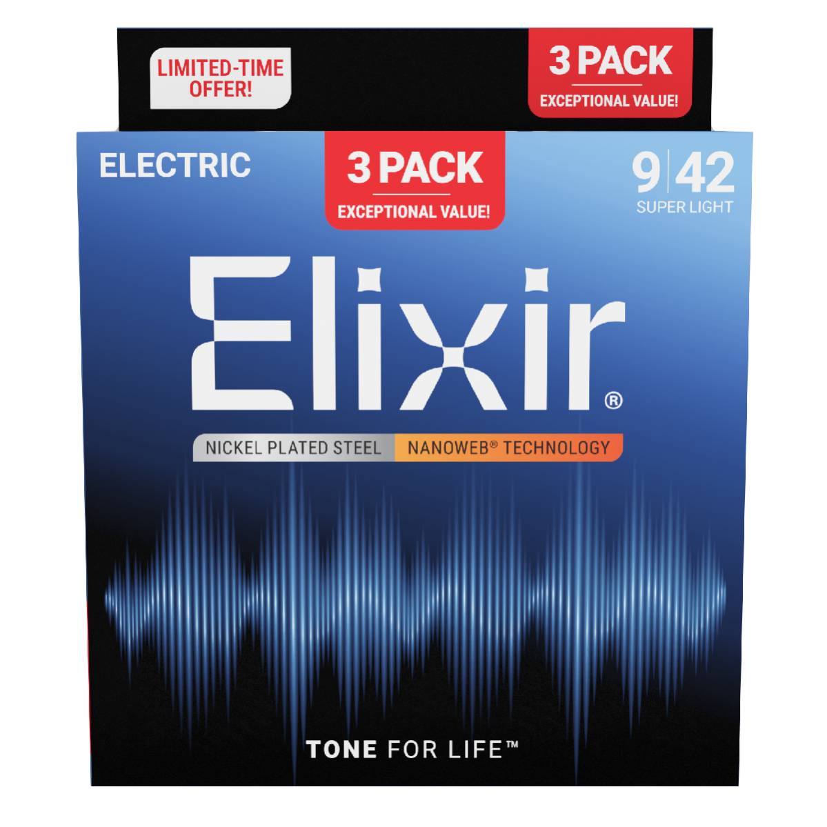 3 Pack of Elixir 16566 Electric Guitar Strings Nanoweb Coated - Super Light 9-42