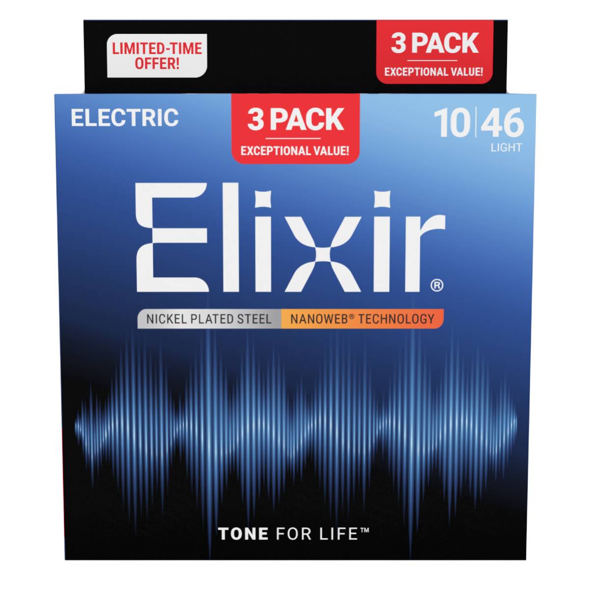 3 Pack of Elixir 16567 Electric Guitar Strings Nanoweb Coated - Light 10-46