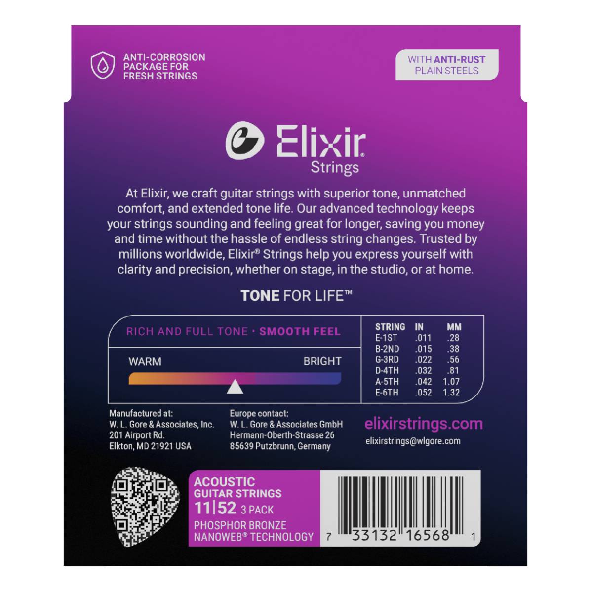 3 Pack of Elixir 16568 Acoustic Guitar Strings Phosphor Bronze Nanoweb Coated - Custom Light 11-52