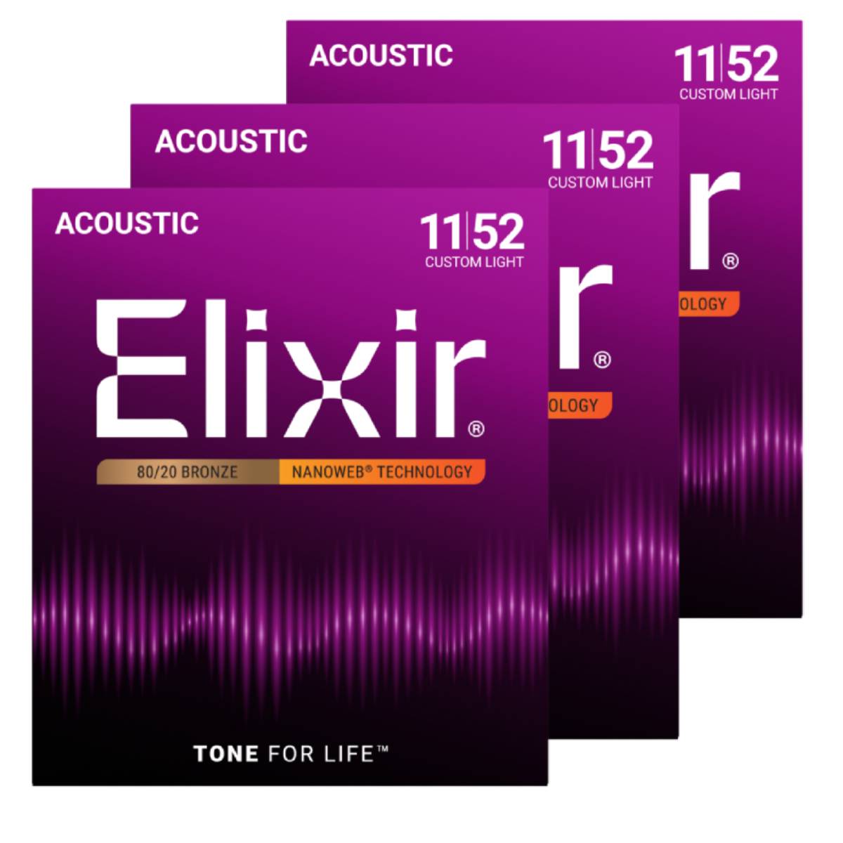 3 x Elixir 11027 Acoustic Guitar Strings 80/20 Bronze Nanoweb Coated - Custom Light 11-52