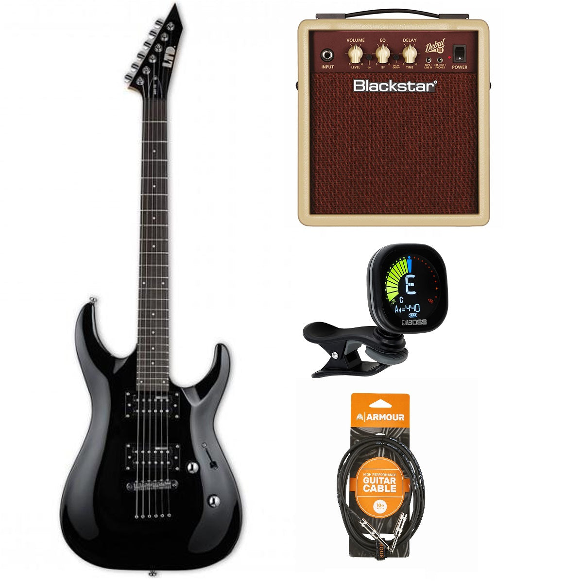 ESP LTD MH-10 Black Electric Guitar Pack w/ Blackstar Debut 10 Amp + Gig Bag + Tuner + Armour Lead