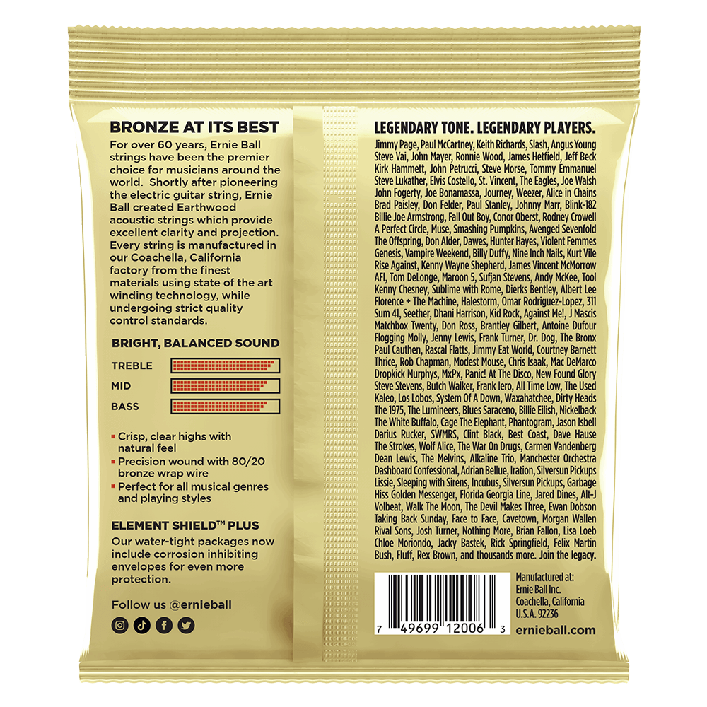 Ernie Ball 2006 Earthwood Acoustic Guitar Strings 80/20 Bronze Extra-Light 10-50