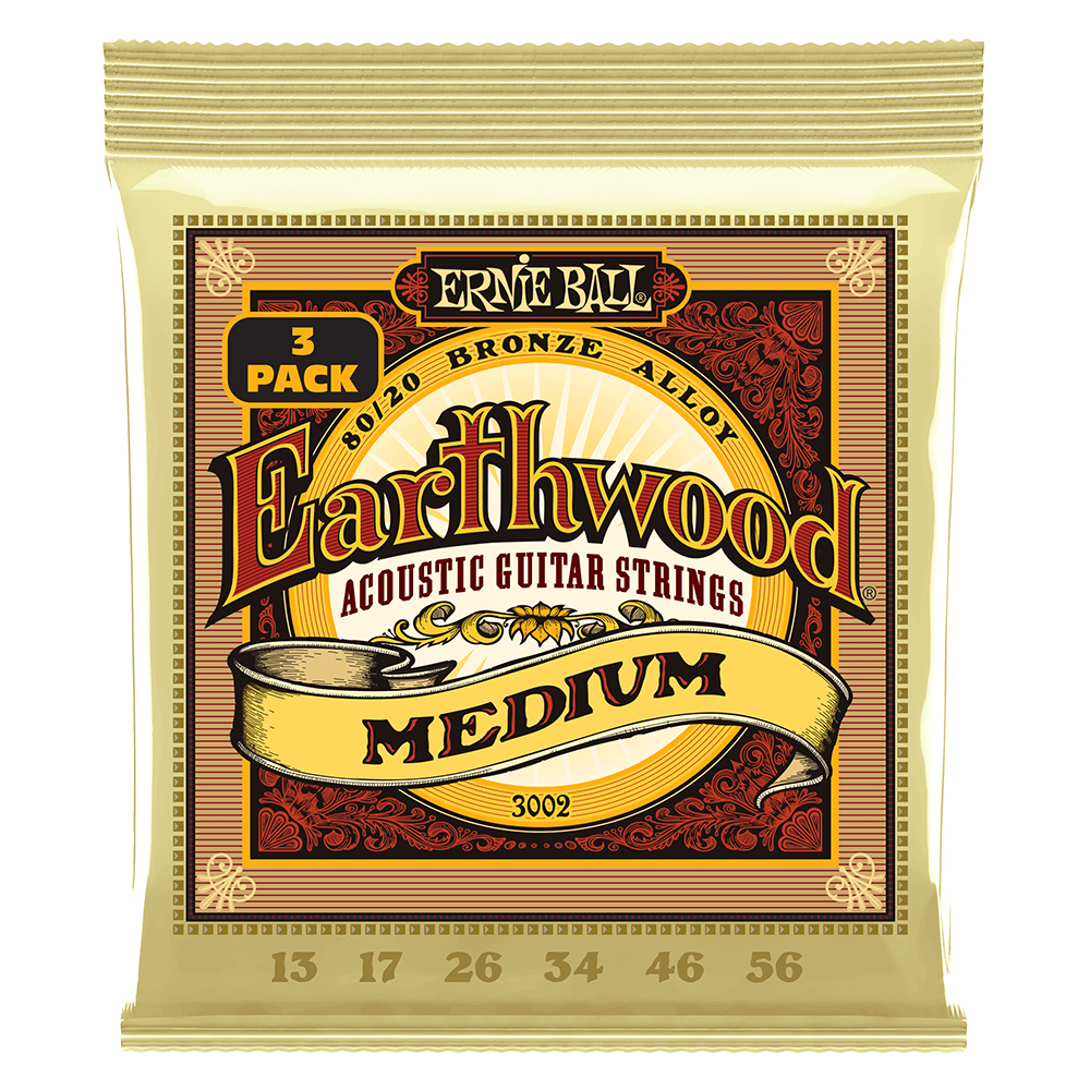 Ernie Ball 3002 Earthwood Acoustic Guitar Strings 80/20 Bronze Medium 13-56 (3 Pack)