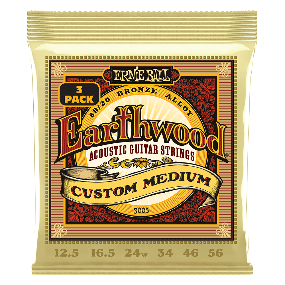 Ernie Ball 3005 Earthwood Acoustic Guitar Strings 80/20 Bronze Custom Medium 12.5-56 (3 Pack)