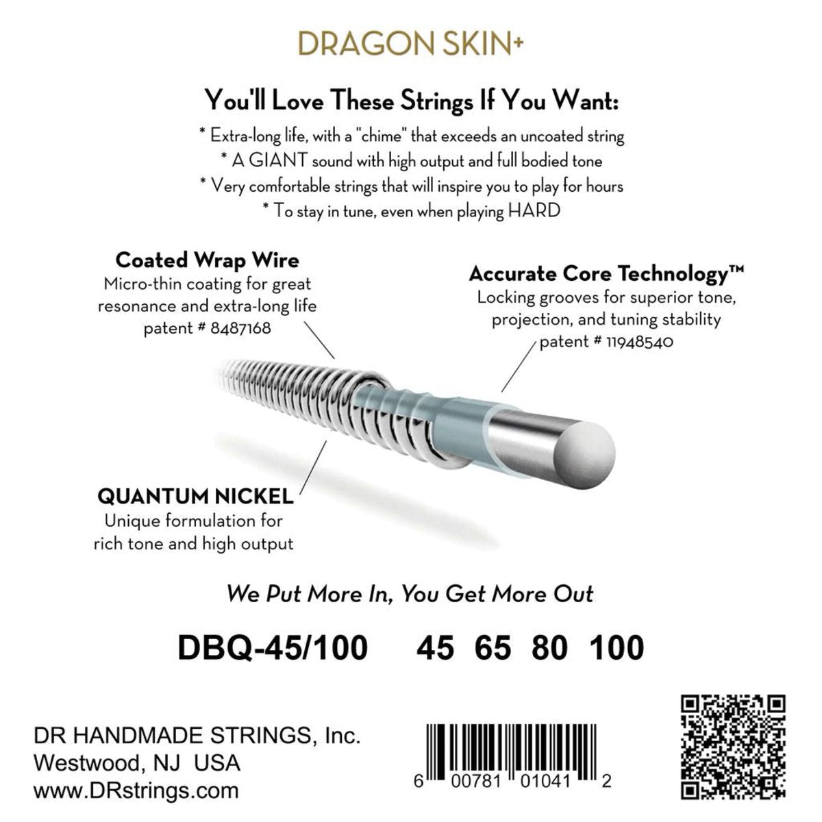 DR Dragon Skin+ DBQ-45/100 Quantum Nickel Bass Guitar Strings: 45-100