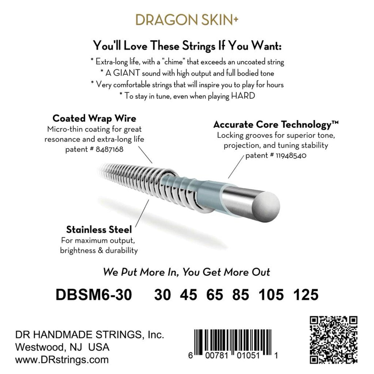 DR Dragon Skin+ DBSM6-30 Stainless Steel Bass Guitar Strings: 30-125 Multi-Scale