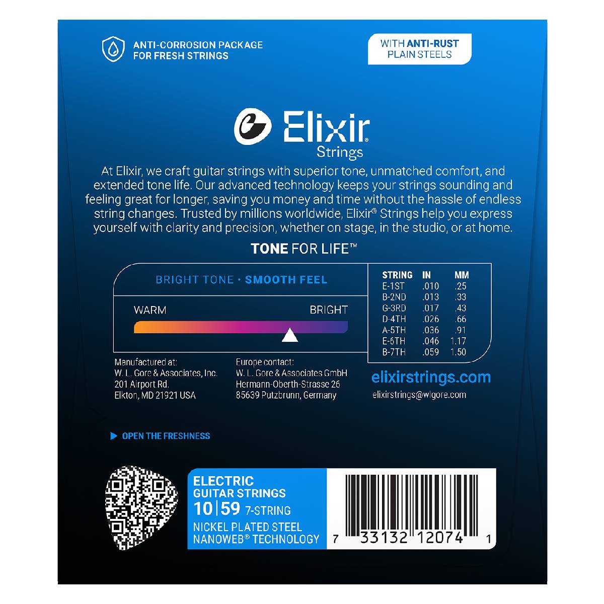 Elixir 12074 Electric Guitar Strings 7-String Nanoweb Coated - Light Heavy 10-59