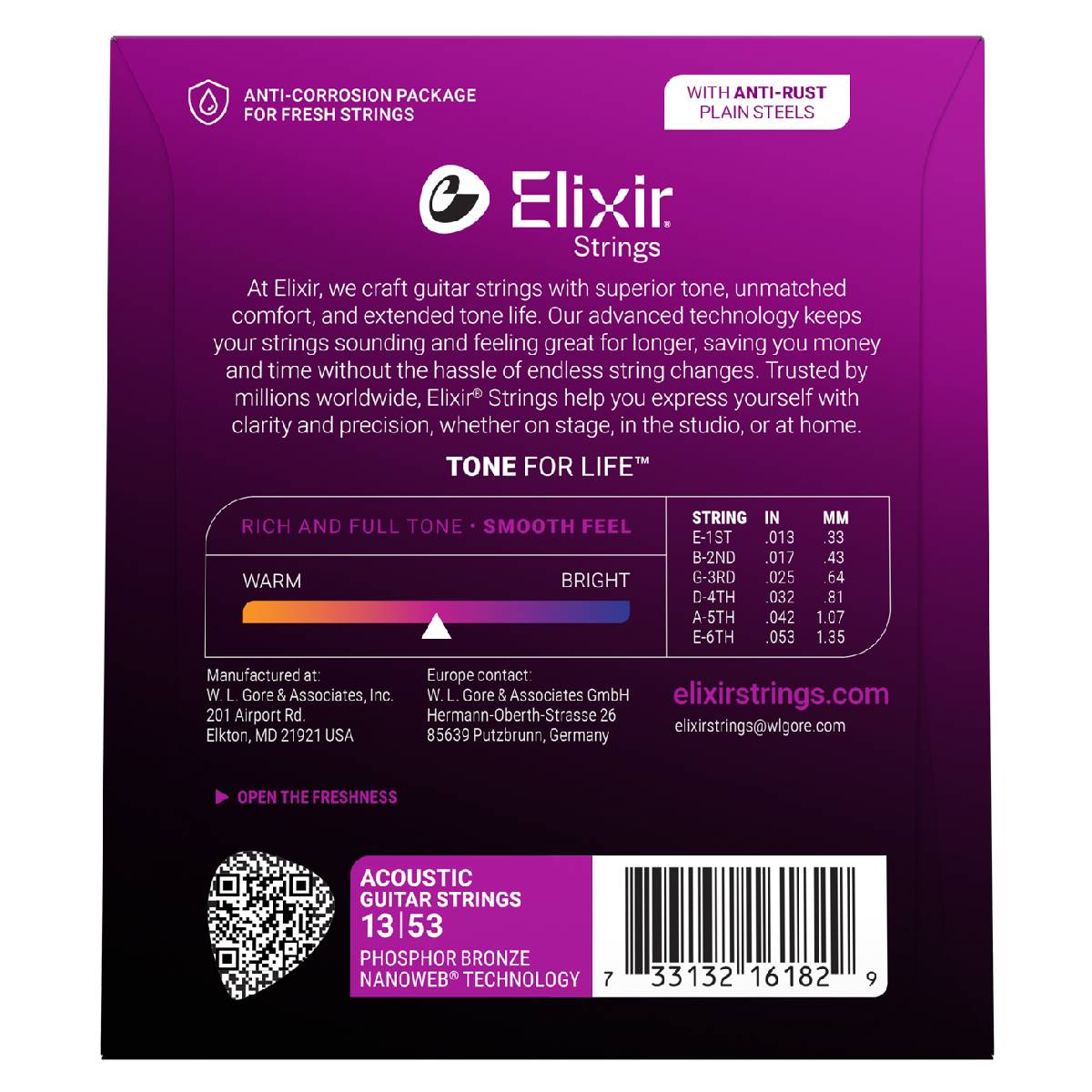 Elixir 16182 Acoustic Guitar Strings Phosphor Bronze Nanoweb Coated - HD Light 13-53
