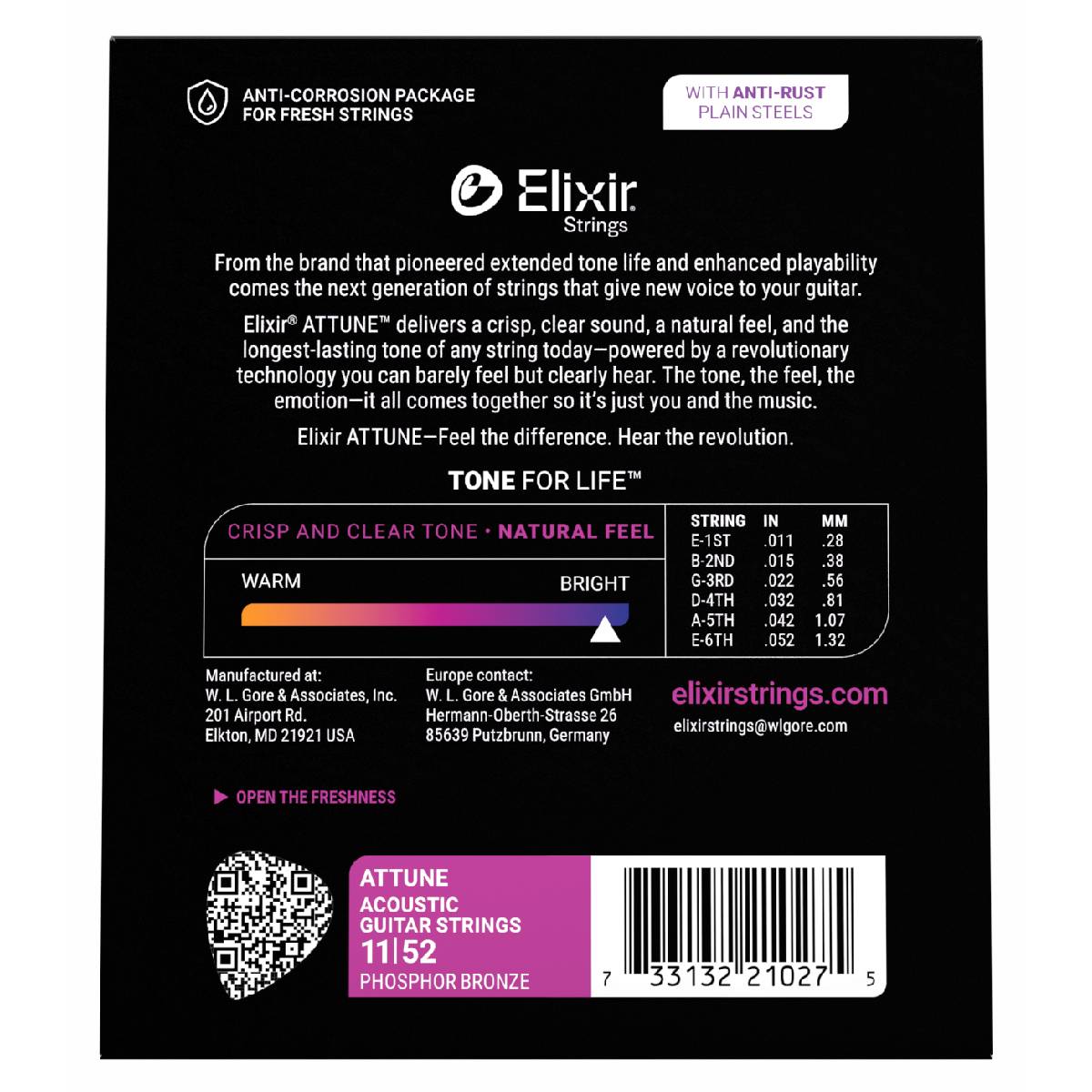 Elixir 21027 Attune Acoustic Guitar Strings Phosphor Bronze Coated - Custom Light 11-52