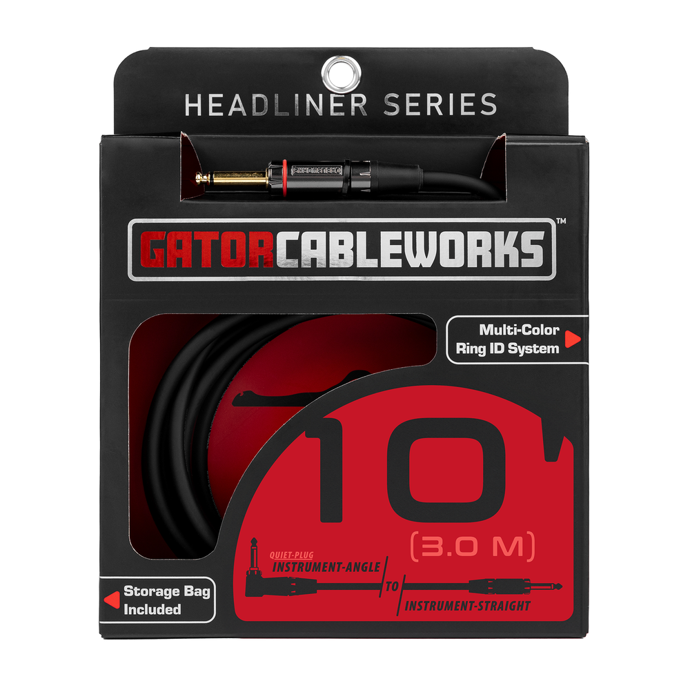 Gator Headliner Series GCWH-INS-10RAQT Guitar Cable 3m (10ft) Straight to Right Angle Quiet Instrument Lead