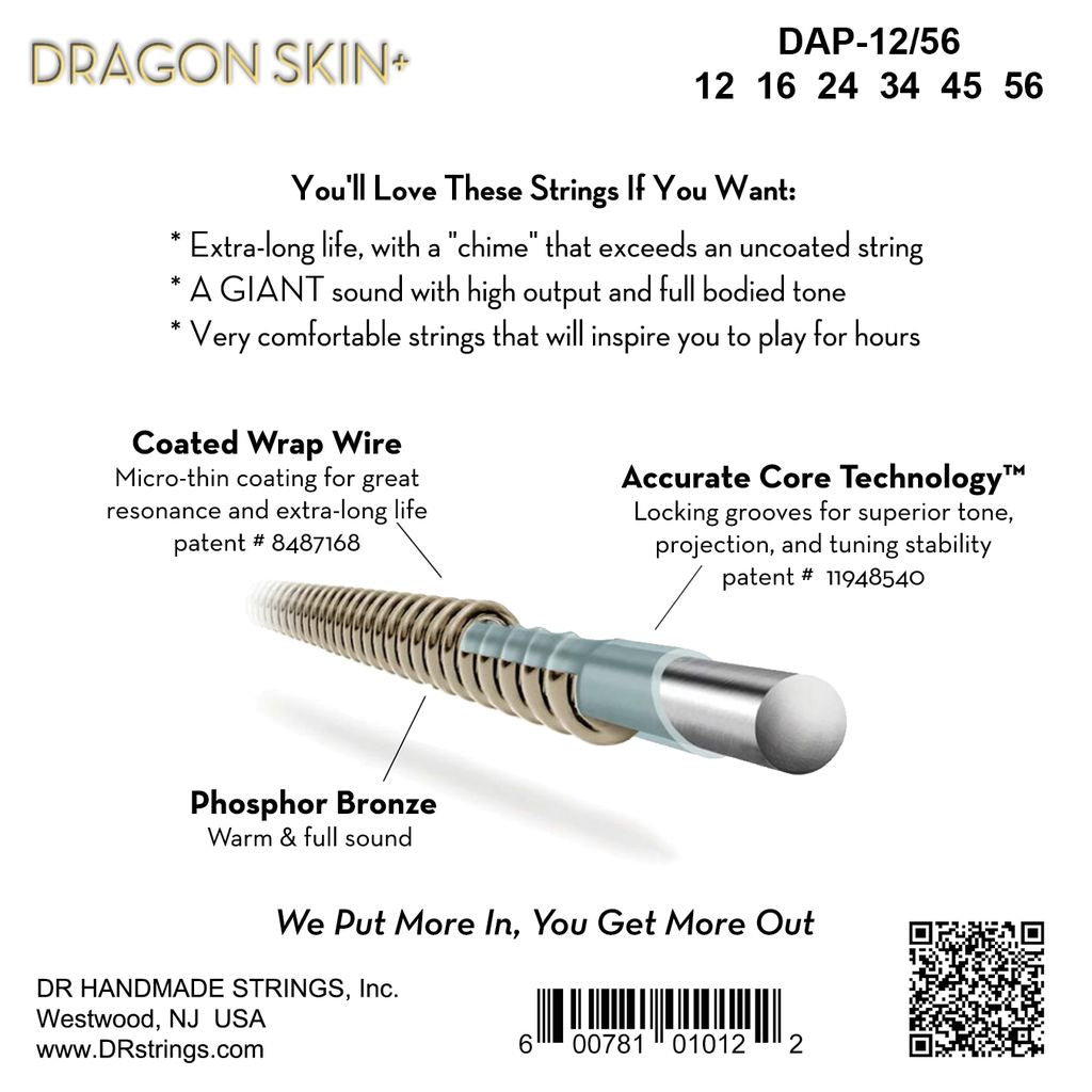 DR Dragon Skin+ DAP-12/56 Phosphor Bronze Acoustic Guitar Strings: 12-56