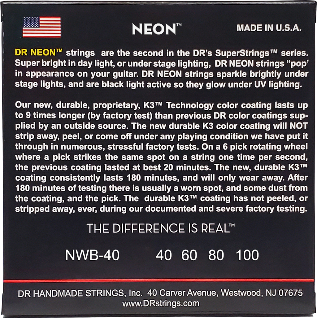 DR HI-DEF NEON NWB-40 White Colored Bass Guitar Strings: Light 40-100