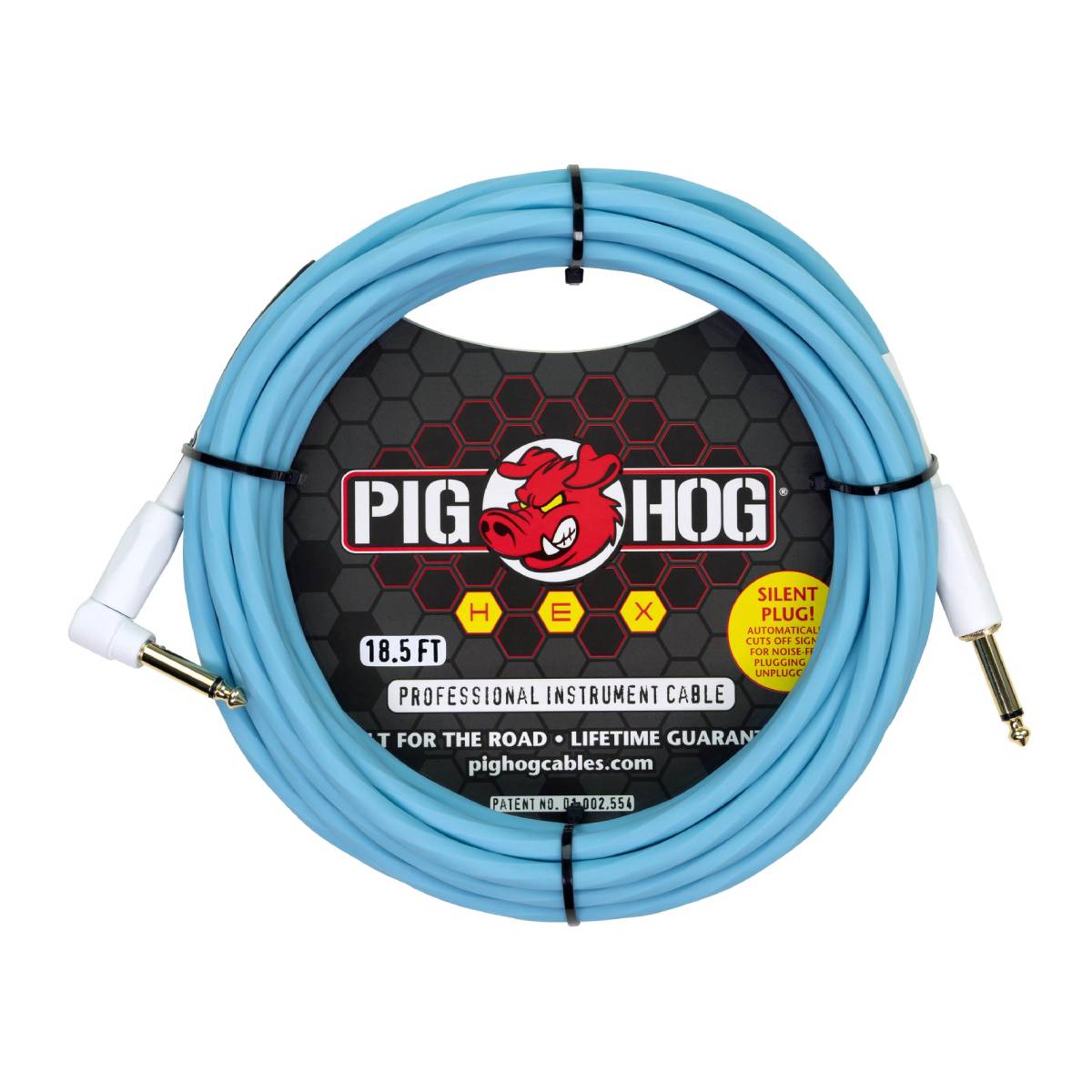 Pig Hog Hex Series Silent Guitar Cable 5.5m (18.6ft) Instrument Lead - Daphne Blue w/ Right Angle - PHSH186DBR
