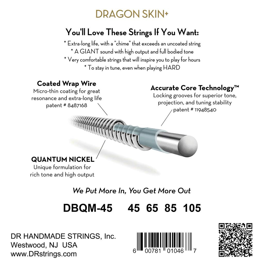 DR Dragon Skin+ DBQM-45 Quantum Nickel Bass Guitar Strings: 45-105 Multi-Scale