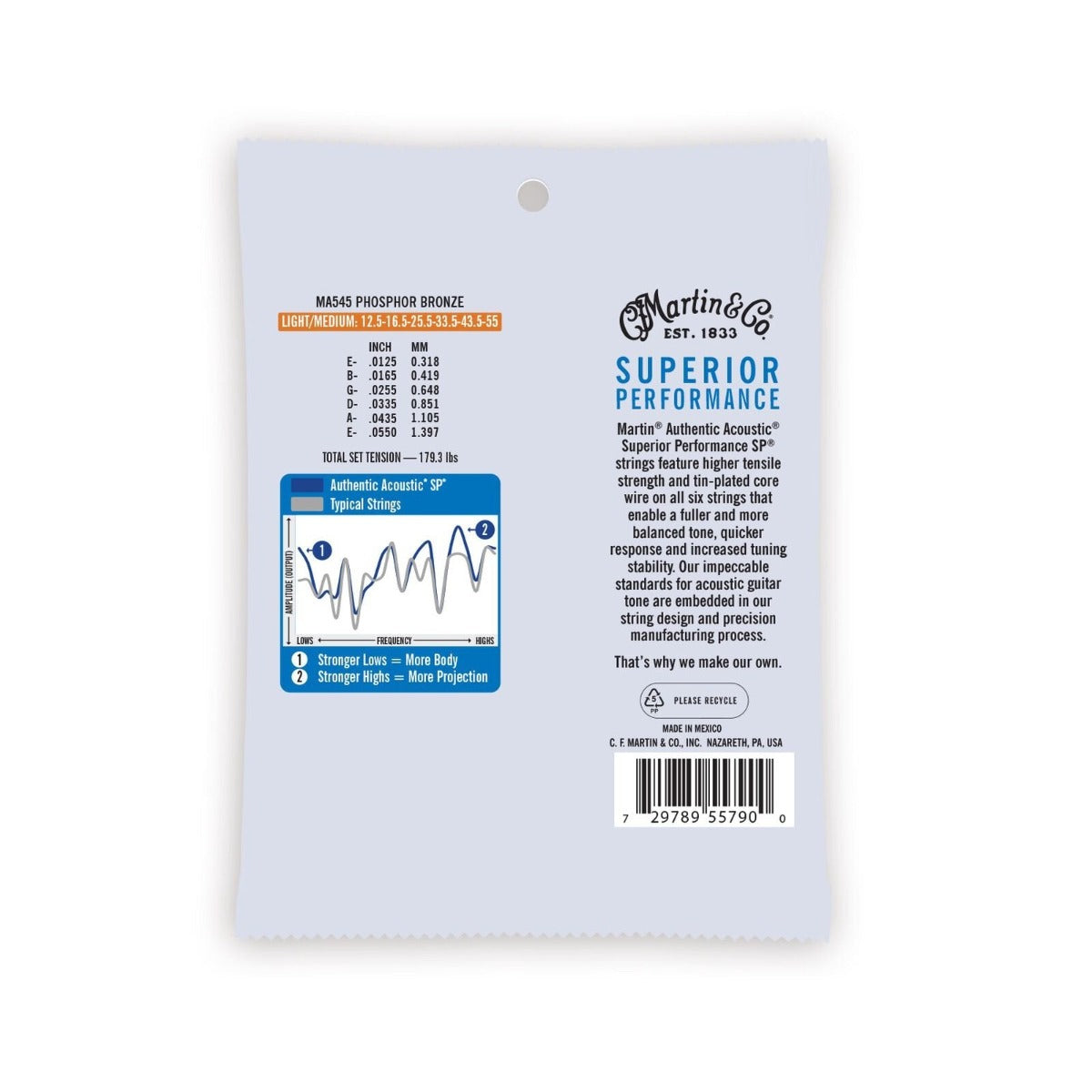 Martin MA545 Authentic Acoustic SP Guitar Strings Phosphor Bronze Light/Medium 12.5-55