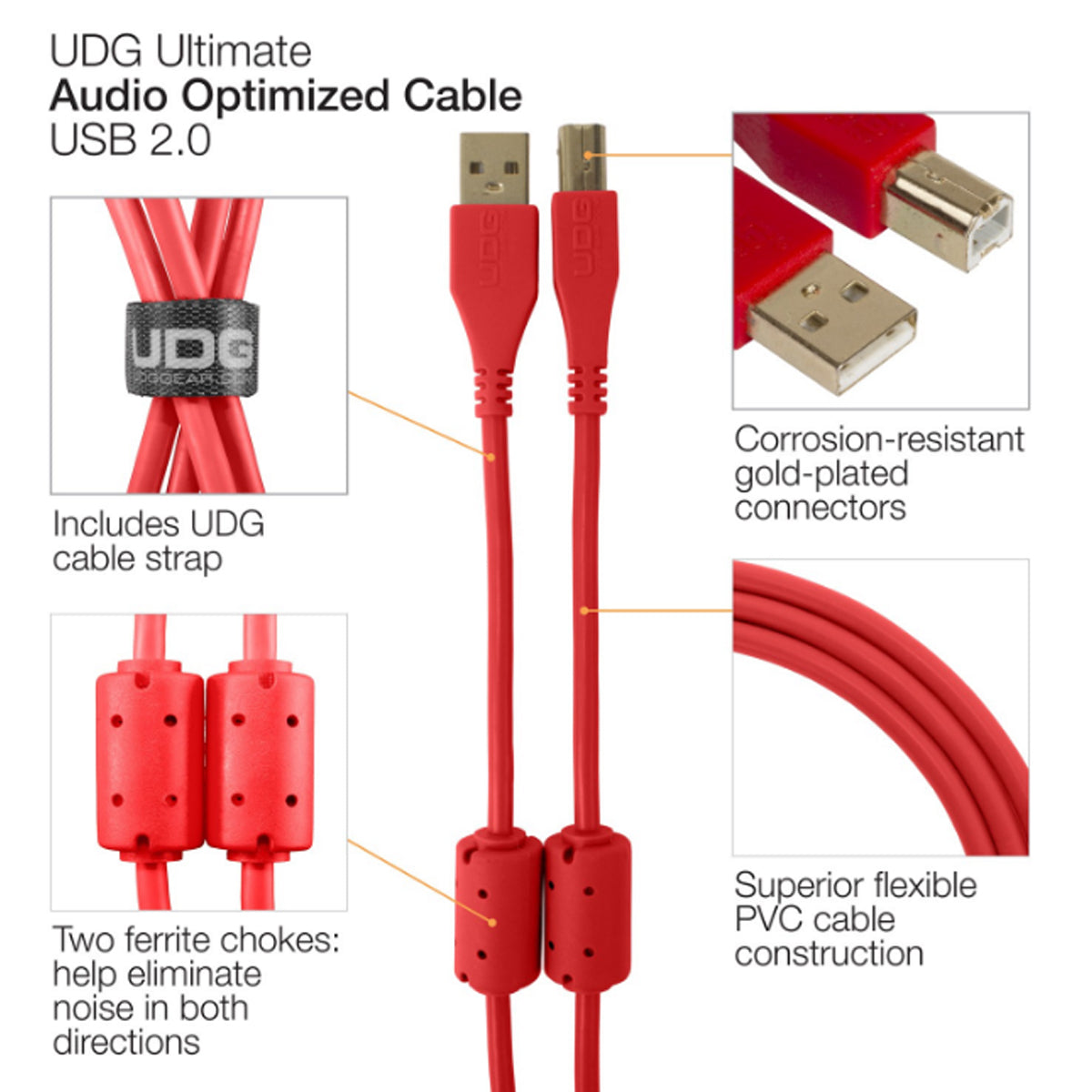 UDG Ultimate U95002 USB2 Cable A-B Red Straight 2m
