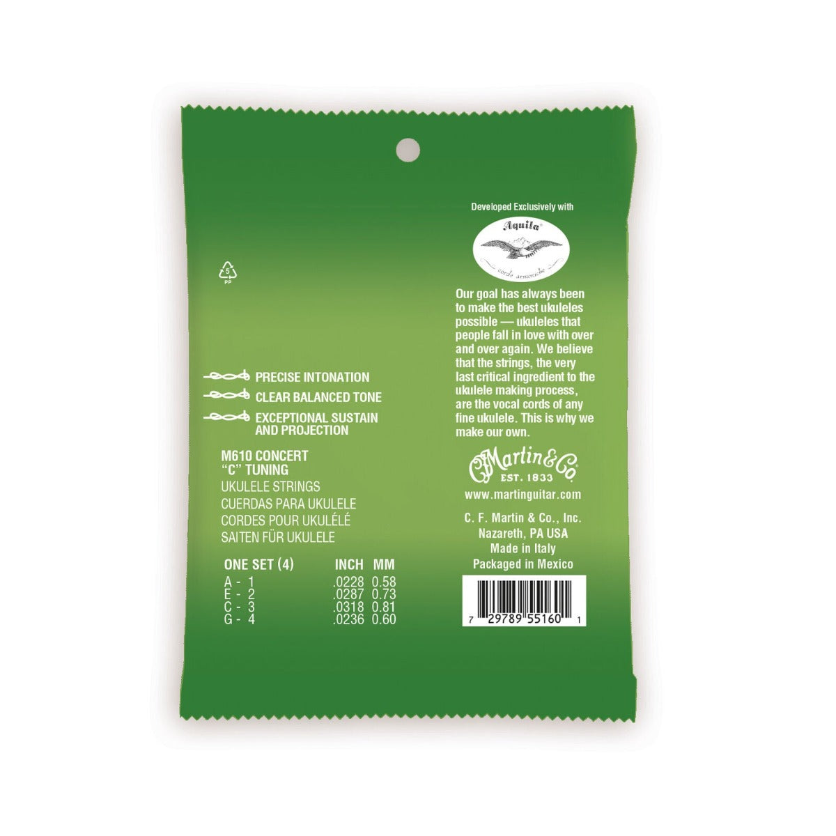 Martin M610 Premium Polygut Ukulele Strings 4-String Uke Concert