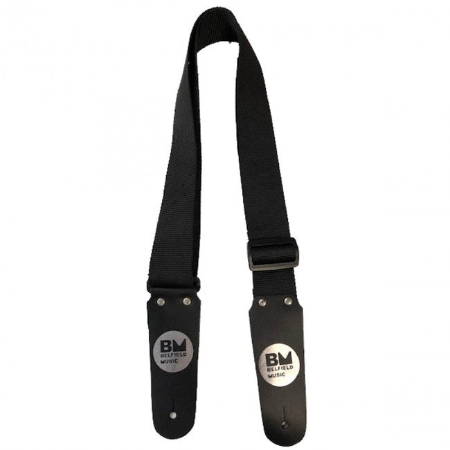 BM Guitar Strap Poly Black w/ Silver Foil Belfield Music Logo Front