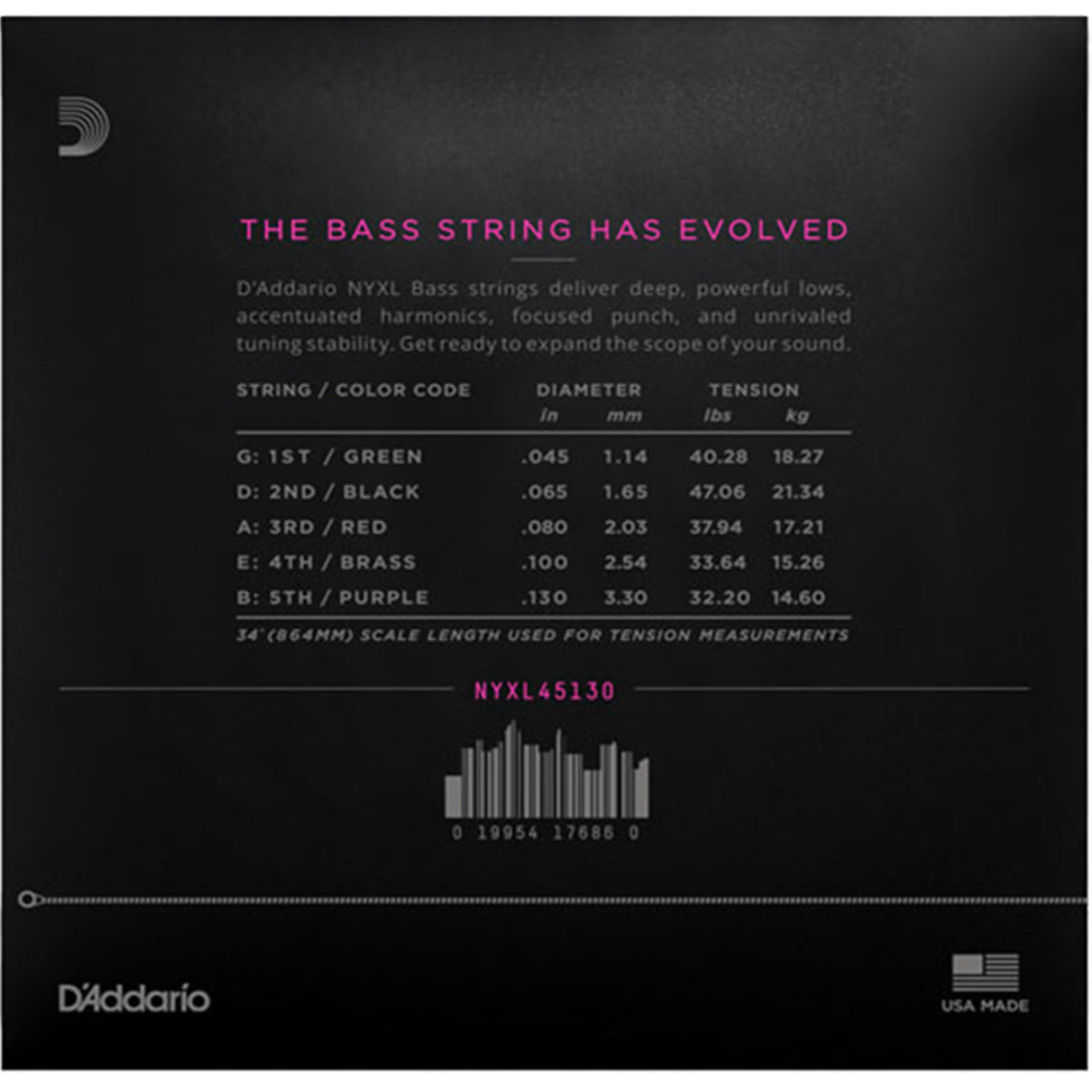 D'Addario NYXL45130 Bass Guitar Strings 5-Str Nickel Wound Long Scale 45-130 Reulgar Light