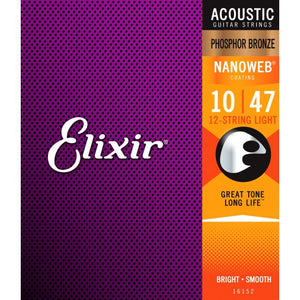 Elixir 16152 Acoustic 12-String Guitar Strings Nanoweb Light 10-47 APB-NW-12L