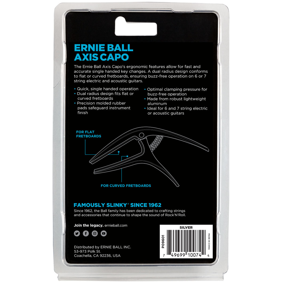 Ernie Ball 9601 Axis Universal Guitar Capo Silver Electric & Acoustic