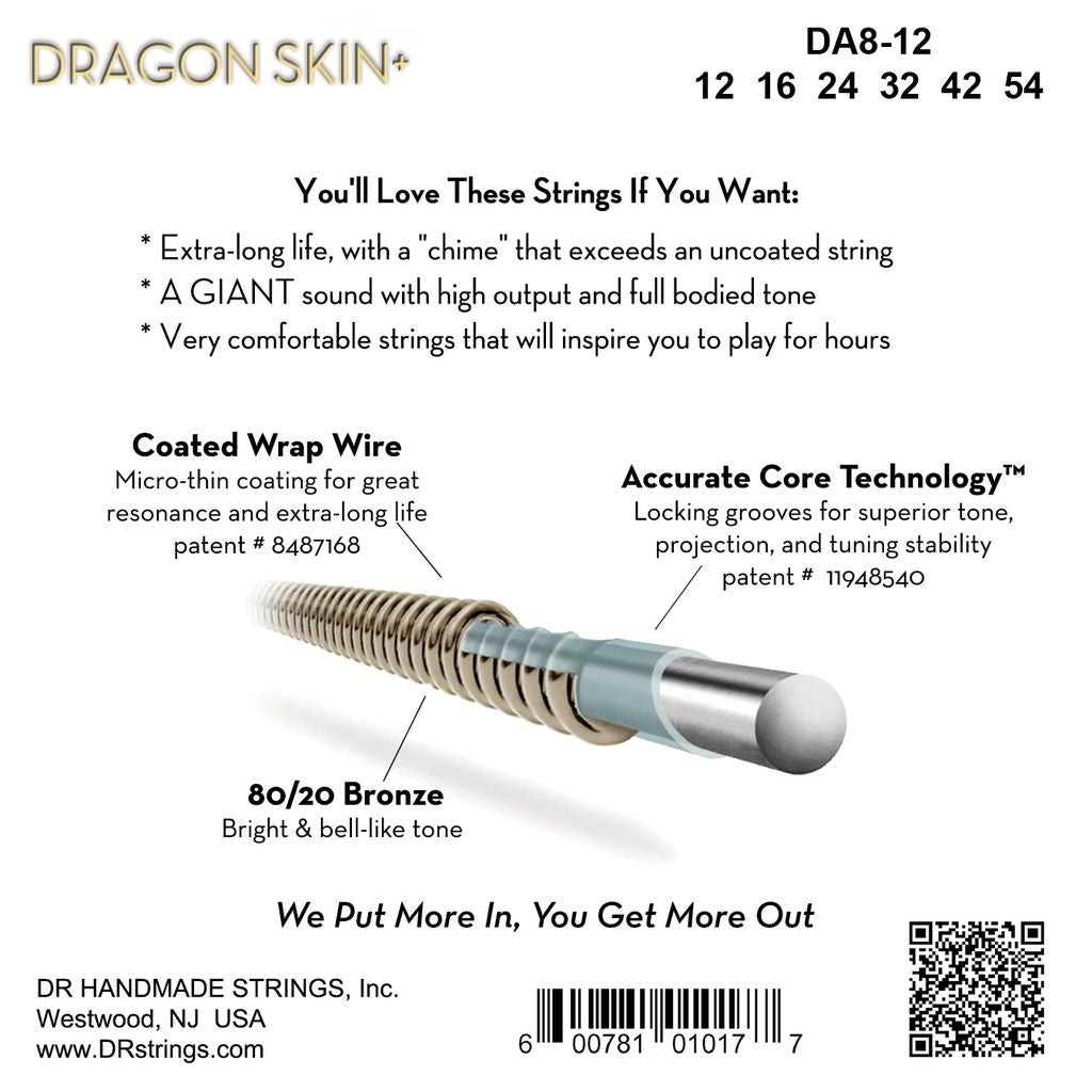 DR Dragon Skin+ DA8-12 80/20 Acoustic Guitar Strings: 12-54