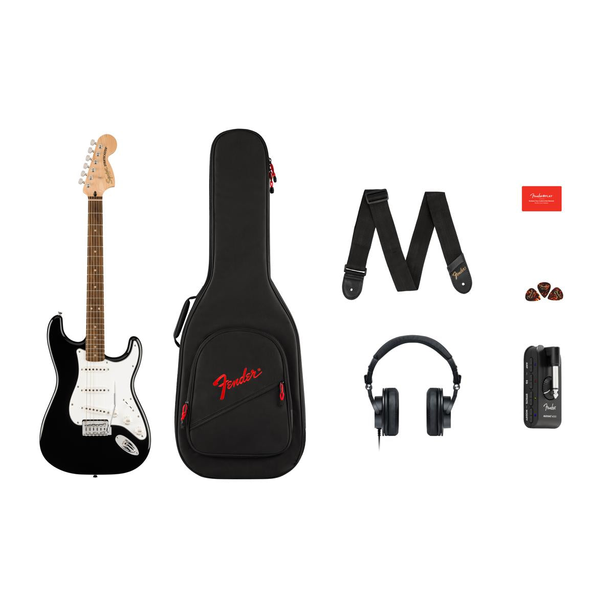 Fender Squier Affinity Series Stratocaster Guitar Pack Black w/ Mustang Micro &amp; Headphones - 0372873106