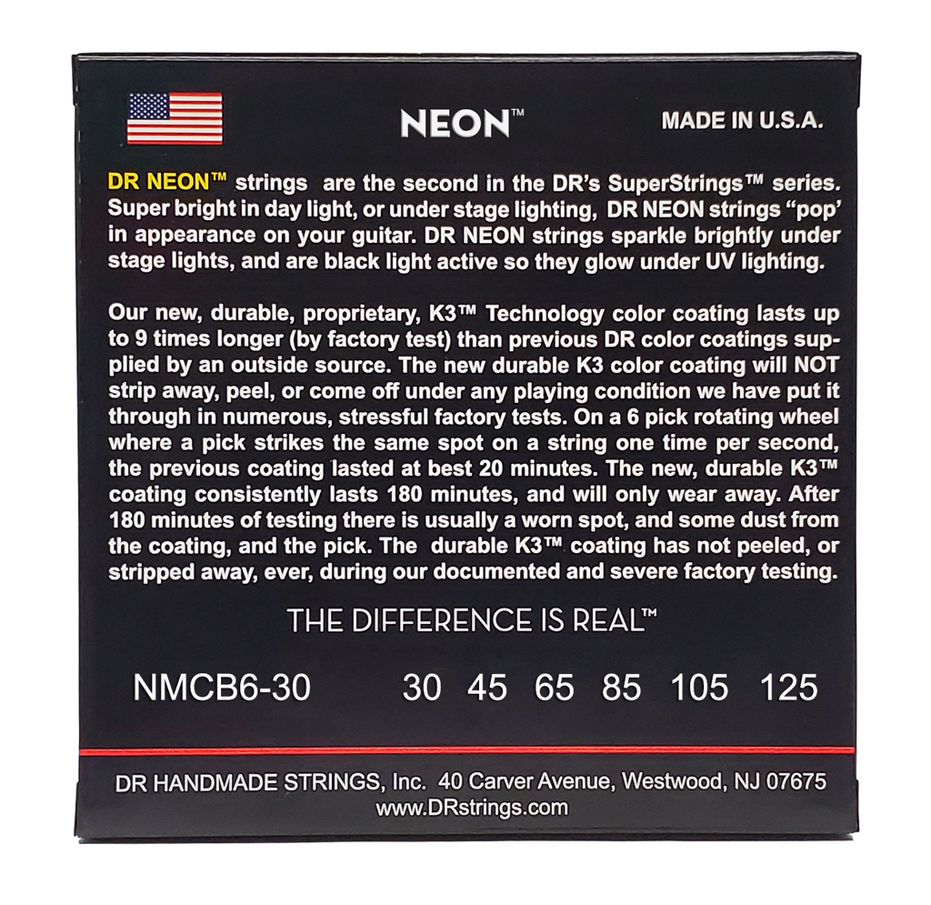 DR HI-DEF NEON NMCB6-30 Multi-Color Colored Bass Guitar Strings: 6-String Medium 30-125