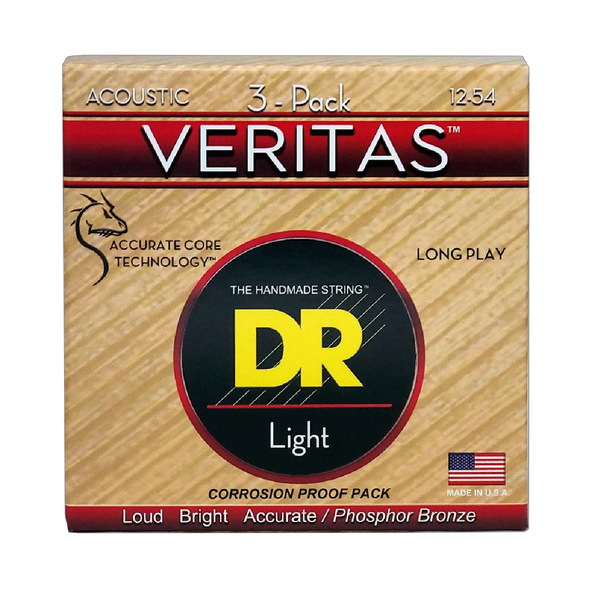 3 Pack DR VERITAS VTA-12-3PK Coated Core Technology Acoustic Guitar Strings: Light 12-54