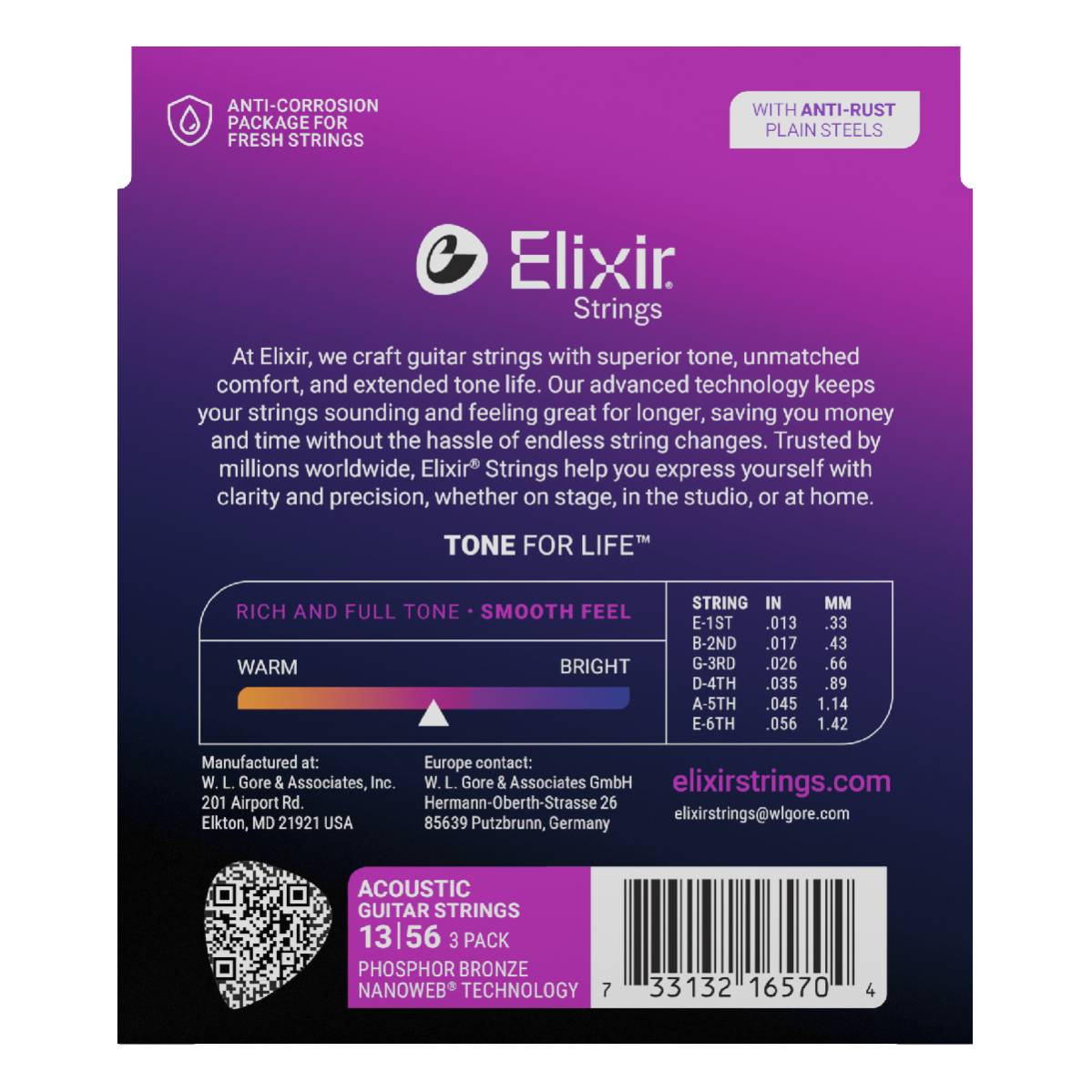 3 Pack of Elixir 16570 Acoustic Guitar Strings Phosphor Bronze Nanoweb Coated - Medium 13-56