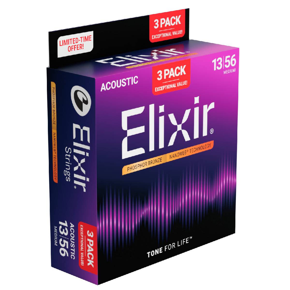 3 Pack of Elixir 16570 Acoustic Guitar Strings Phosphor Bronze Nanoweb Coated - Medium 13-56
