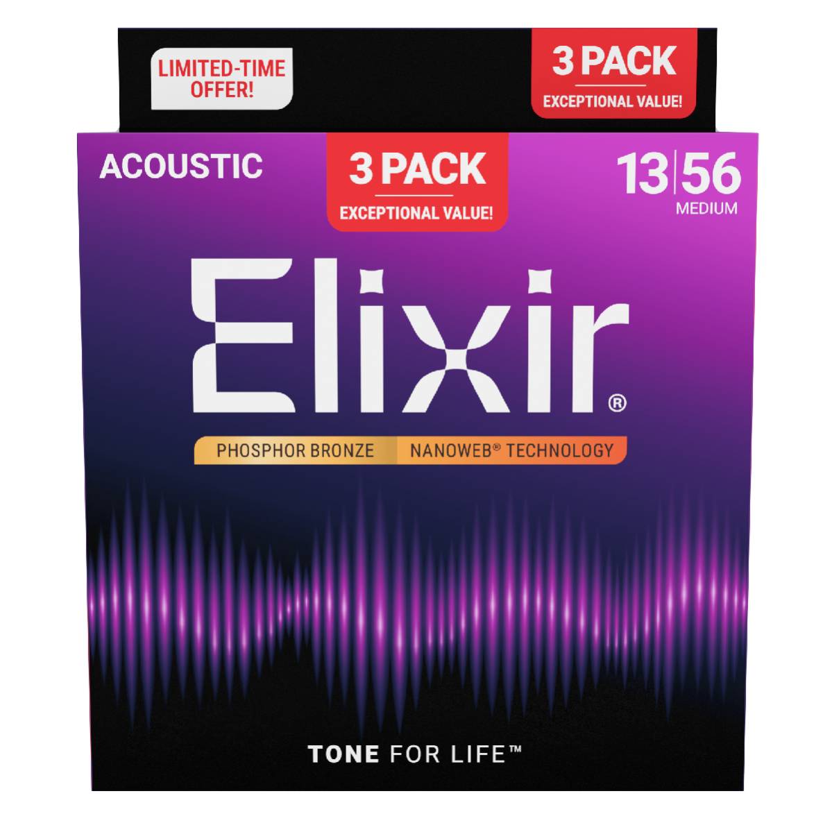 3 Pack of Elixir 16570 Acoustic Guitar Strings Phosphor Bronze Nanoweb Coated - Medium 13-56