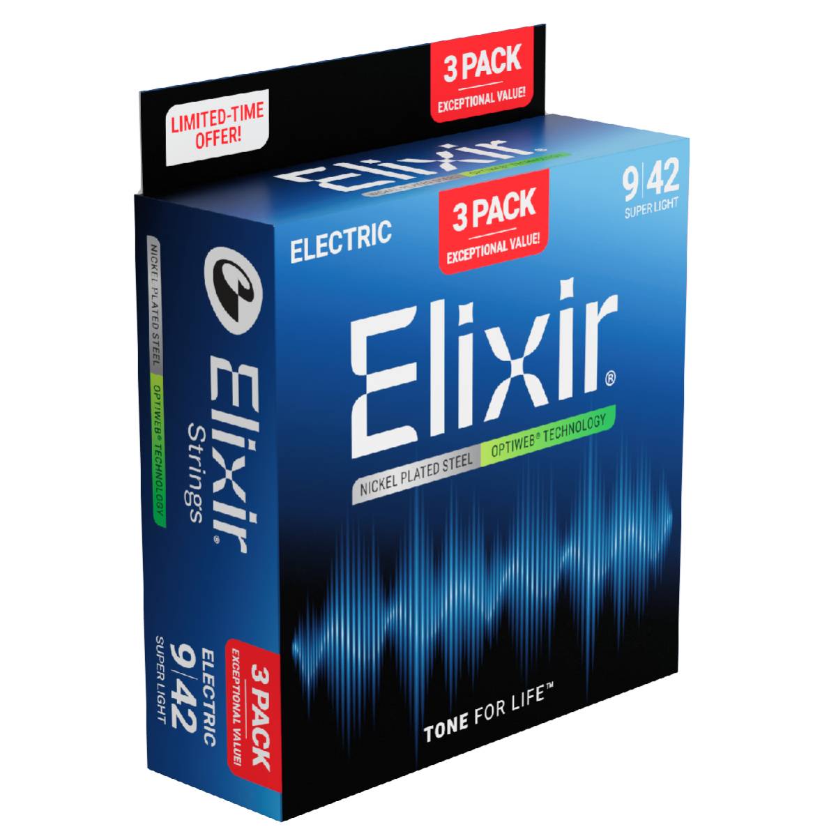 3 Pack of Elixir 16571 Electric Guitar Strings Optiweb Coated - Super Light 9-42