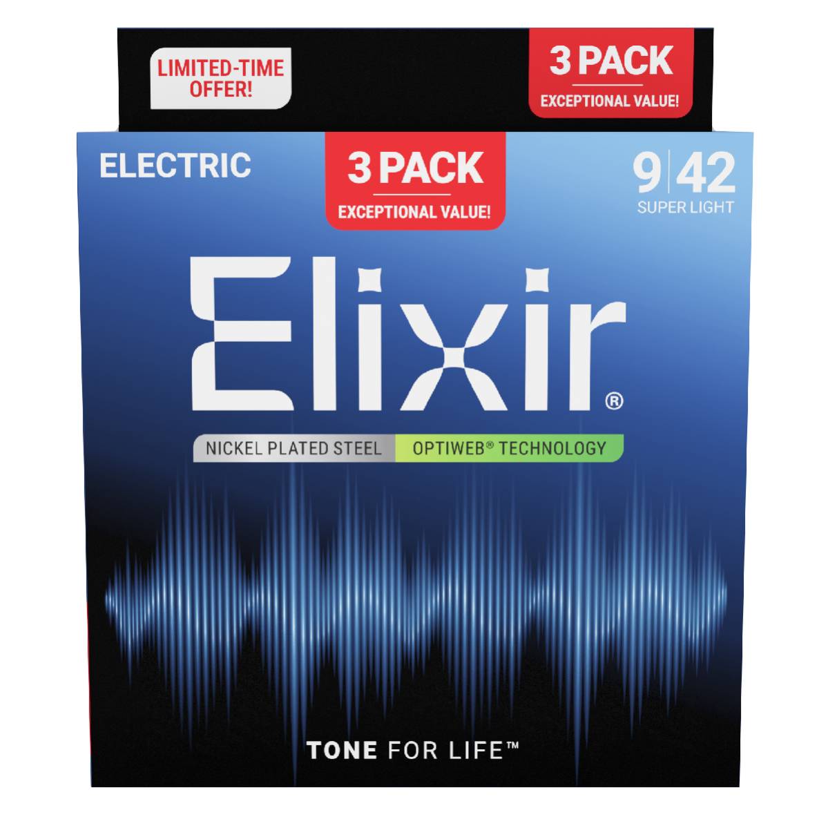 3 Pack of Elixir 16571 Electric Guitar Strings Optiweb Coated - Super Light 9-42