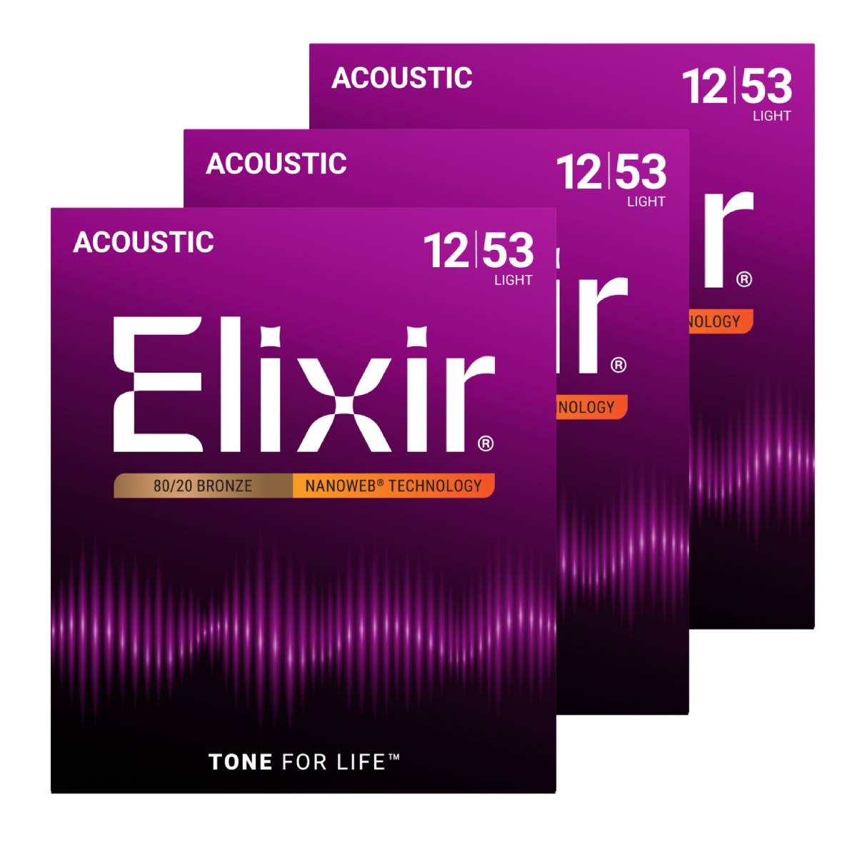 3 x Elixir 11052 Acoustic Guitar Strings 80/20 Bronze Nanoweb Coated - Light 12-53
