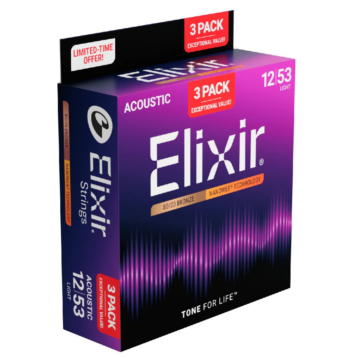 3 Pack of Elixir 16565 Acoustic Guitar Strings 80/20 Bronze Nanoweb Coated - Light 12-53