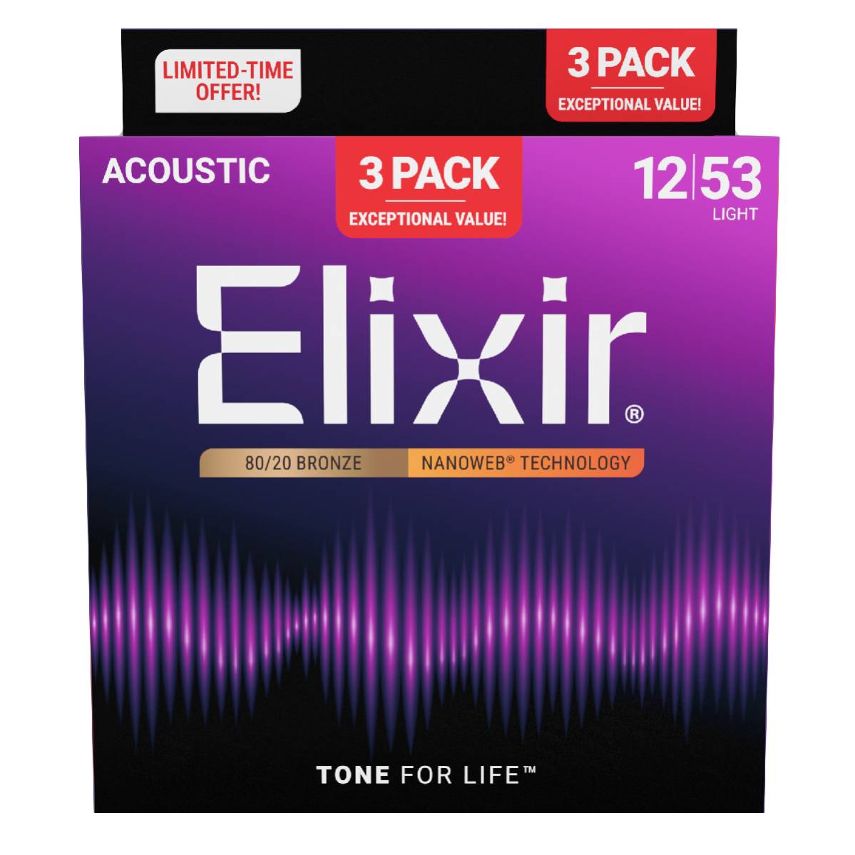 3 Pack of Elixir 16565 Acoustic Guitar Strings 80/20 Bronze Nanoweb Coated - Light 12-53