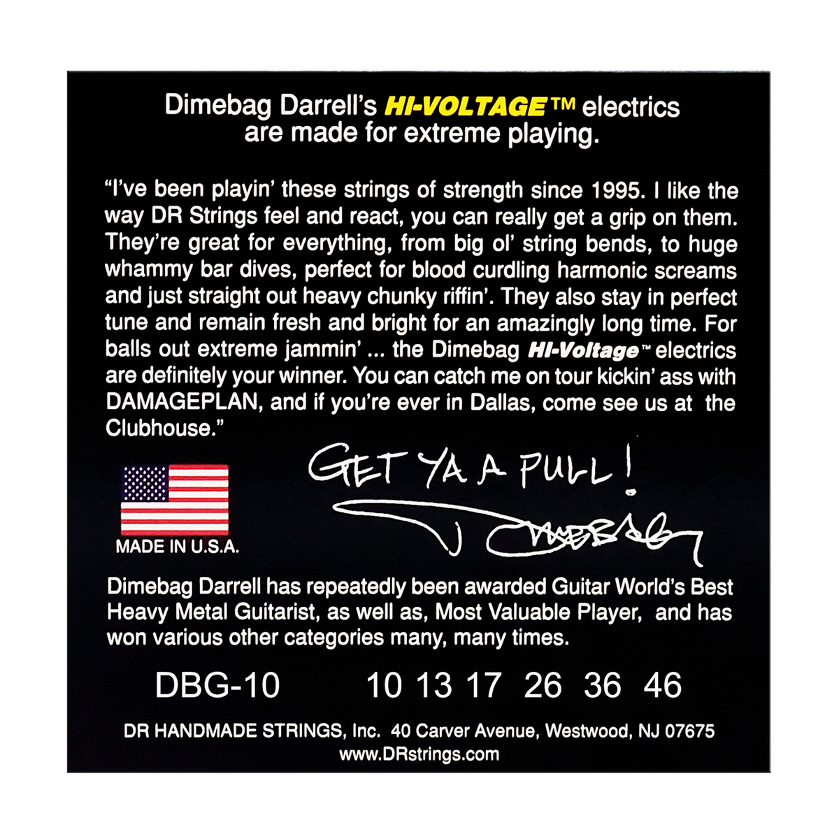 DR HI-VOLTAGE DIMEBAG DARRELL DBG-10 Nickel Plated Electric Guitar Strings: Medium 10-46