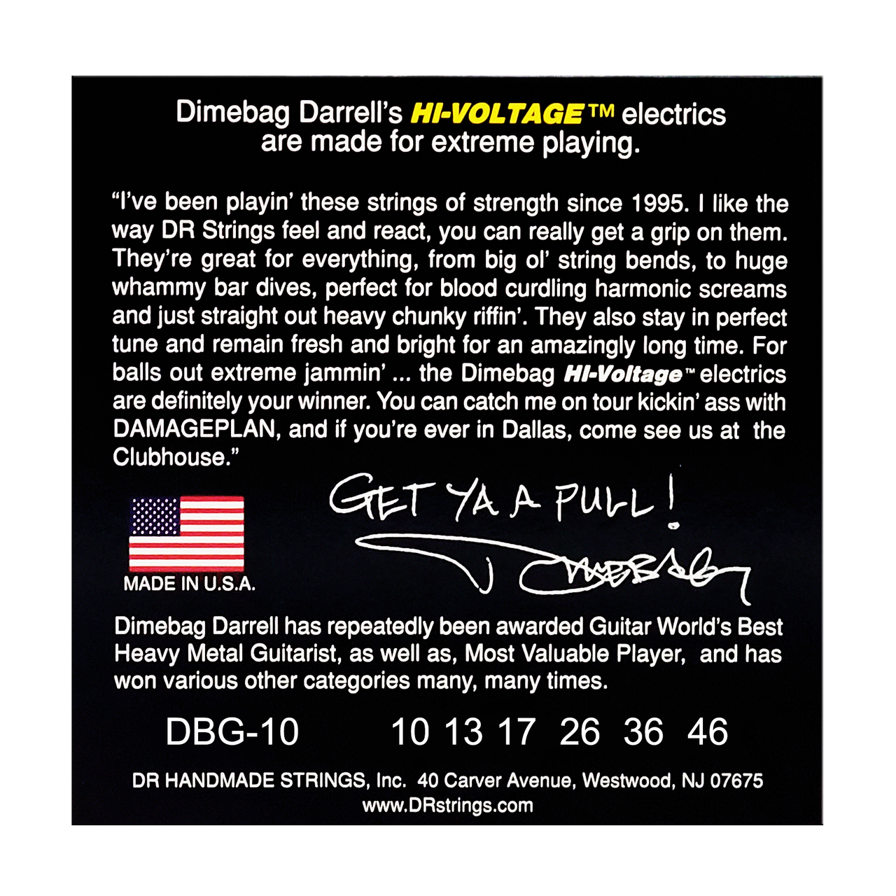 DR HI-VOLTAGE DIMEBAG DARRELL DBG-10 Nickel Plated Electric Guitar Strings: Medium 10-46