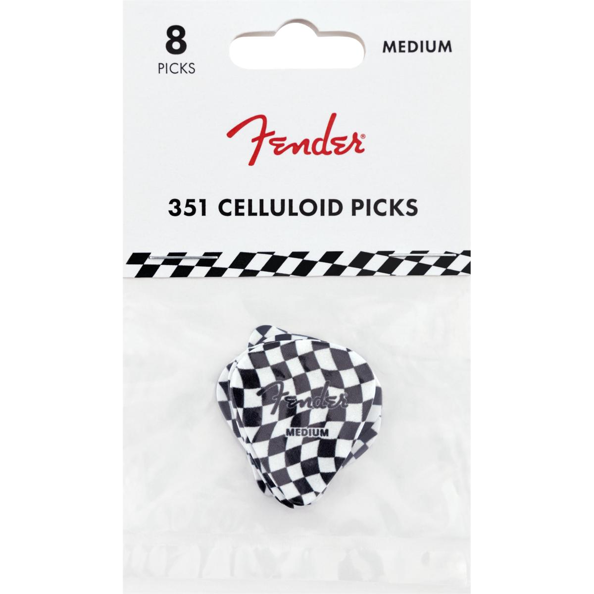 Contains 8 medium gauge printed picks Wavy checkerboard design Traditional 351 pick shape Crafted from celluloid