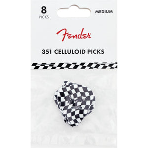 Contains 8 medium gauge printed picks Wavy checkerboard design Traditional 351 pick shape Crafted from celluloid