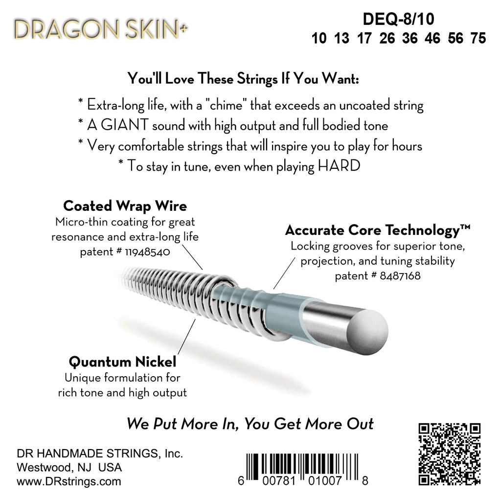 DR Dragon Skin+ DEQ-8/10 Electric Guitar Strings: 8-String 10-75