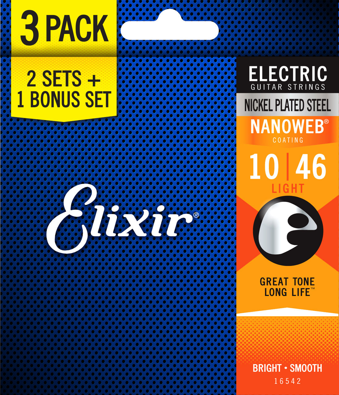 3 Pack of Elixir 16542 Electric Guitar Strings Nanoweb Coated - Light 10-46