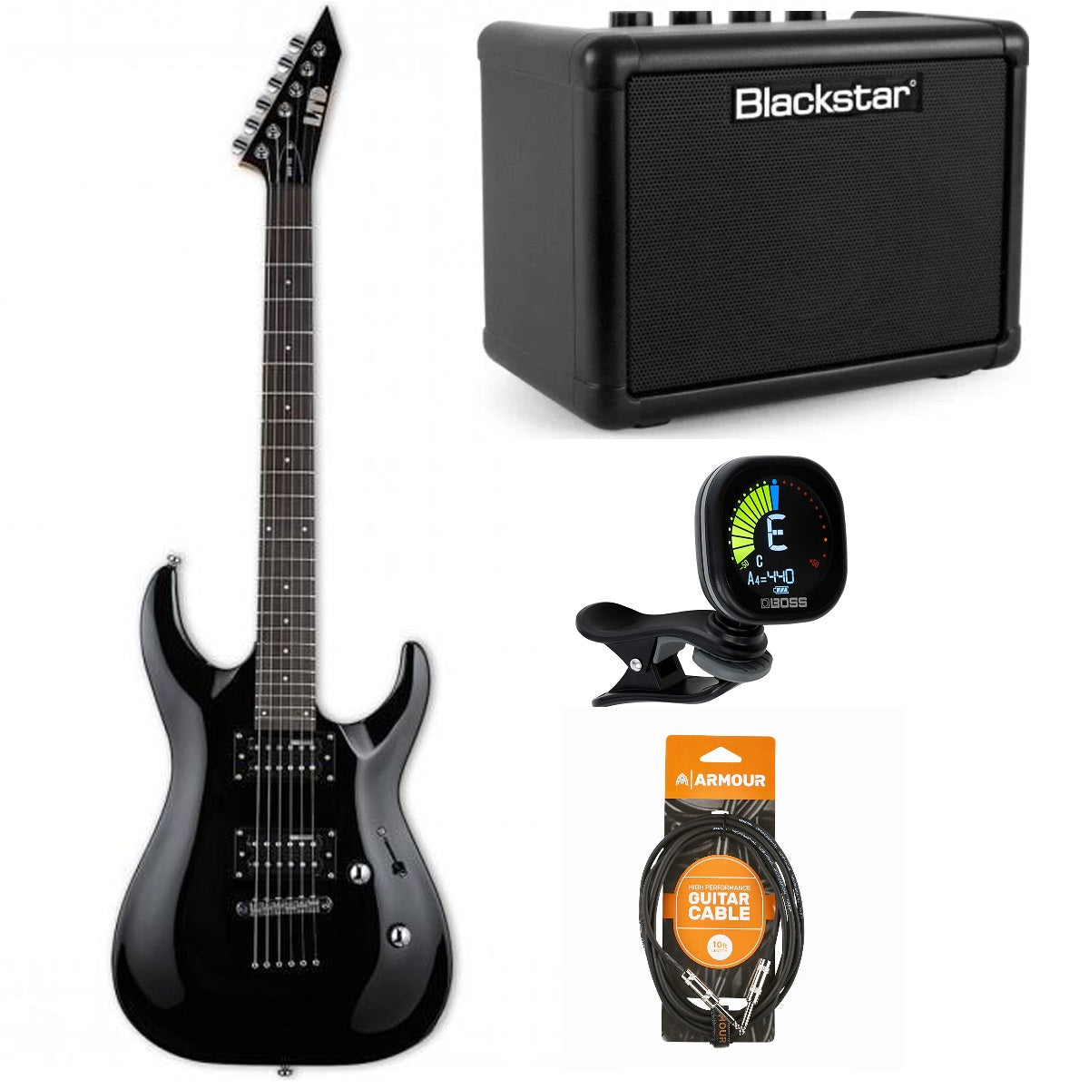 ESP LTD MH-10 Black Electric Guitar Pack w/ Blackstar FLY-3 Amp + Gig Bag + Tuner + Armour Lead