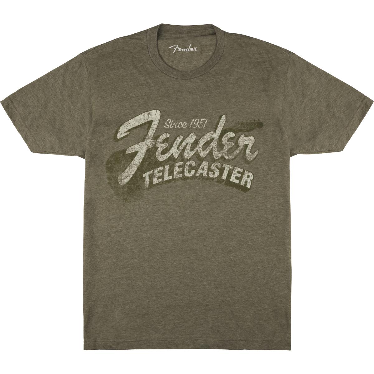 Fender® Since 1951 Telecaster™ distressed graphic Cotton blend in heathered olive green 65% cotton/35% polyester Machine wash cold, tumble dry low Do not bleach, do not iron Sizes: Mens S-XXL