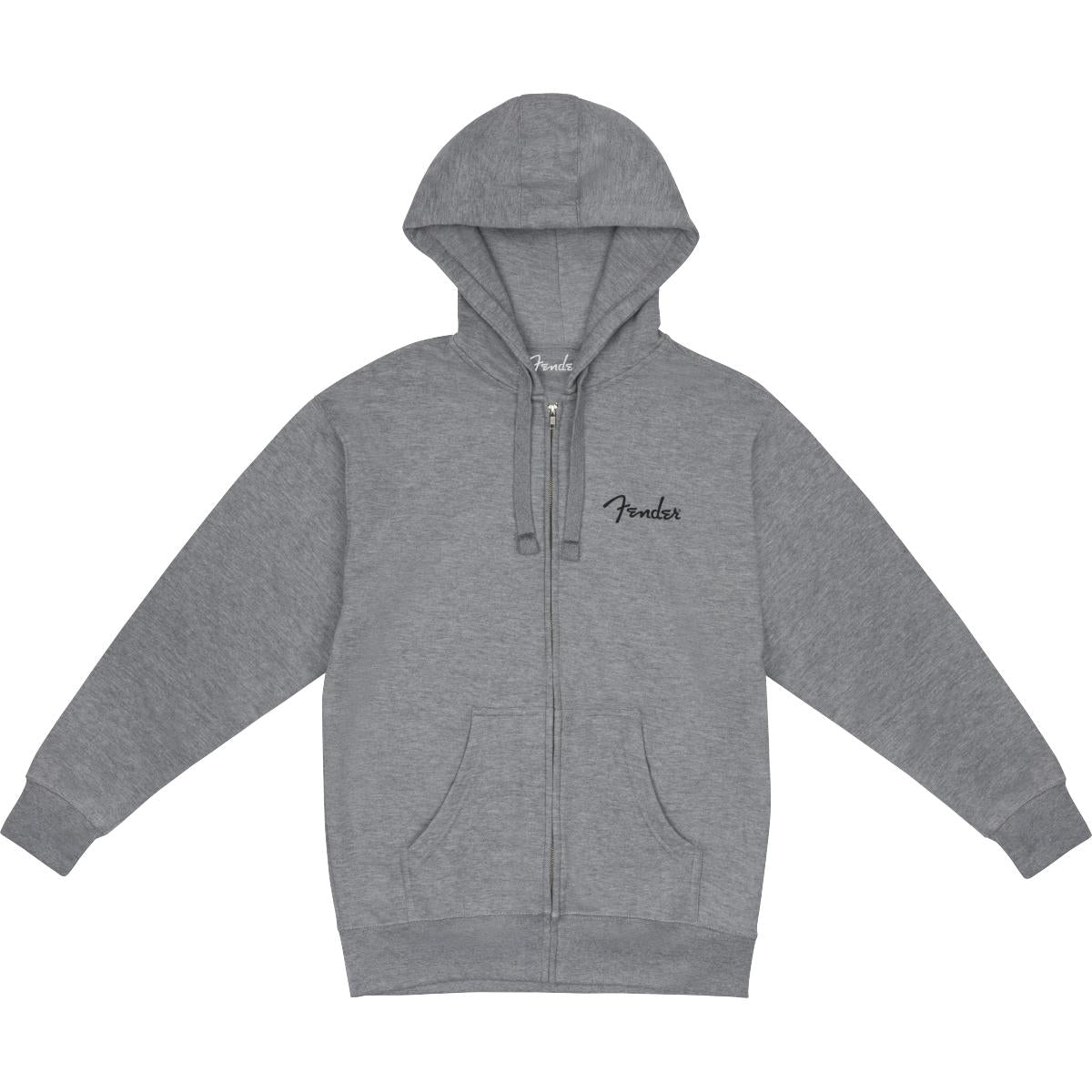 Gray heather zip front hoodie Small Fender black logo left chest hit 65% cotton 35% polyester Machine wash cold Tumble dry low Do not bleach, do not iron Sizes: Mens S-XXL