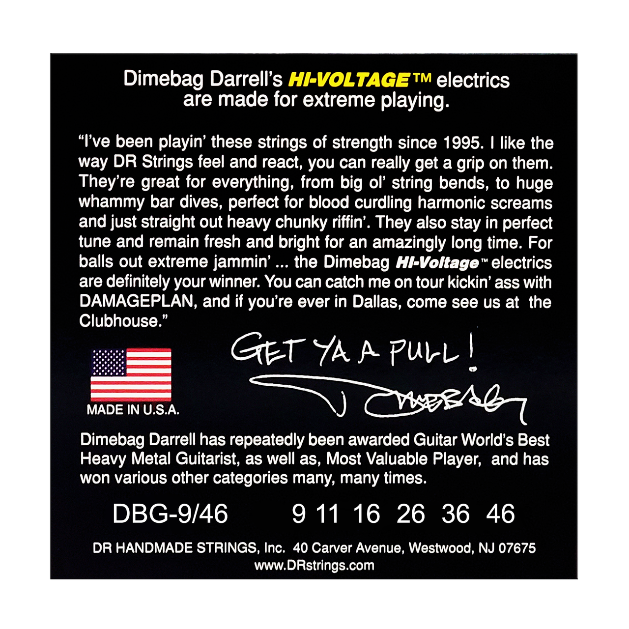 DR HI-VOLTAGE DIMEBAG DARRELL DBG-9/46 Nickel Plated Electric Guitar Strings: Light to Medium 9-46