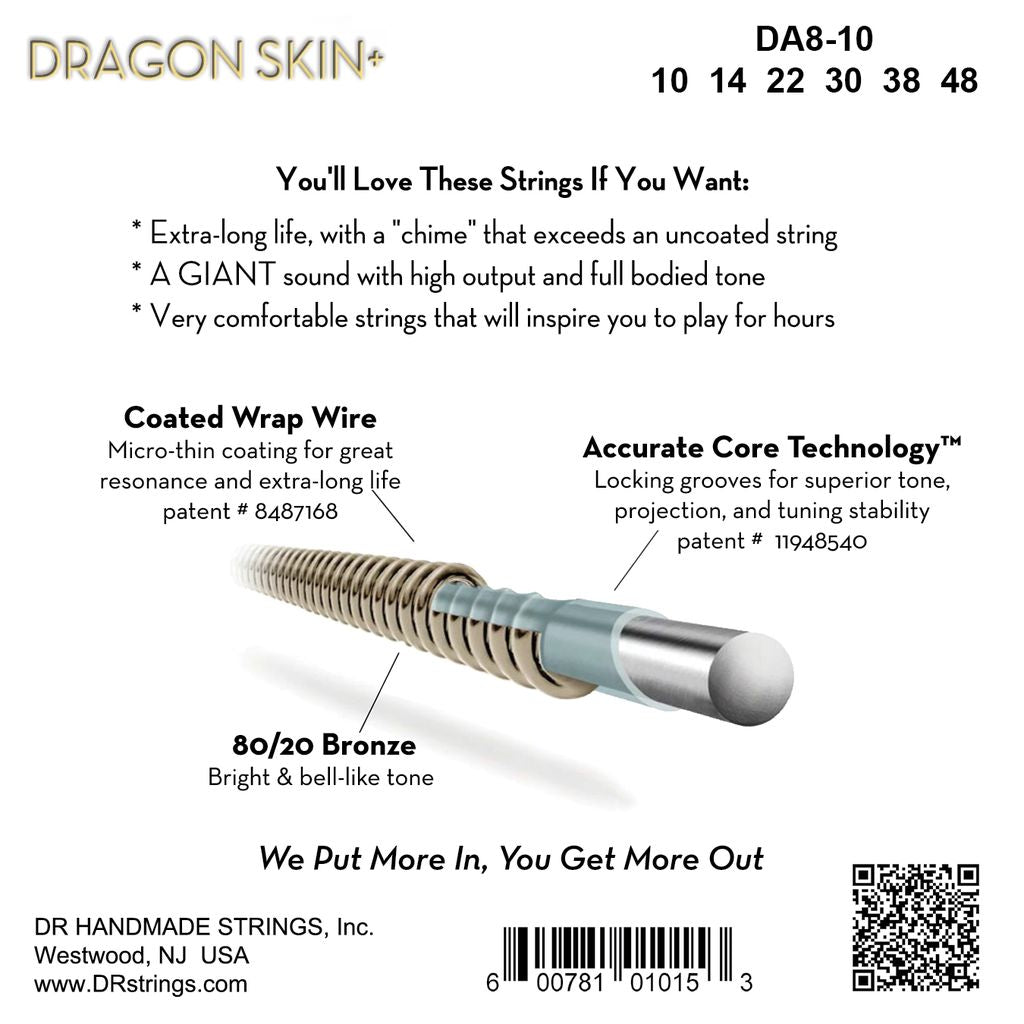 DR Dragon Skin+ DA8-10 80/20 Acoustic Guitar Strings: 10-48