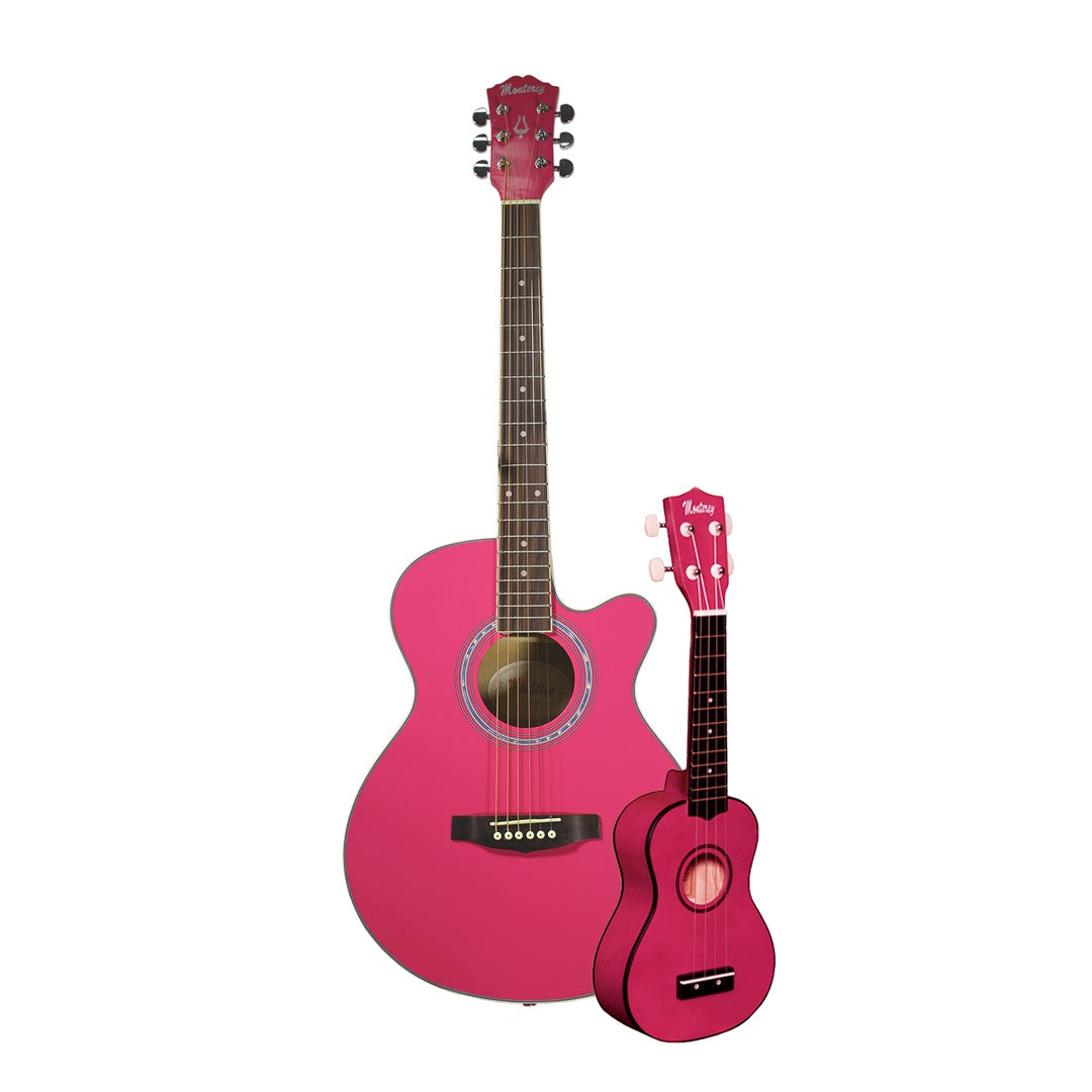 Monterey MA-15PK Acoustic Guitar Folk Size Hot Pink w/ Bonus MU-175 Pink Ukulele