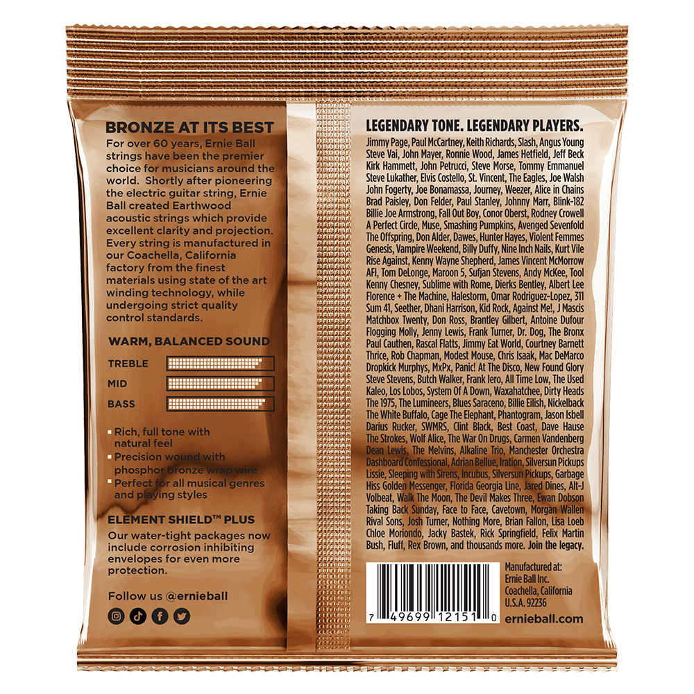 Ernie Ball 2151 Earthwood Acoustic Guitar Strings Phosphor Bronze Rock & Blues 10-52 R&B